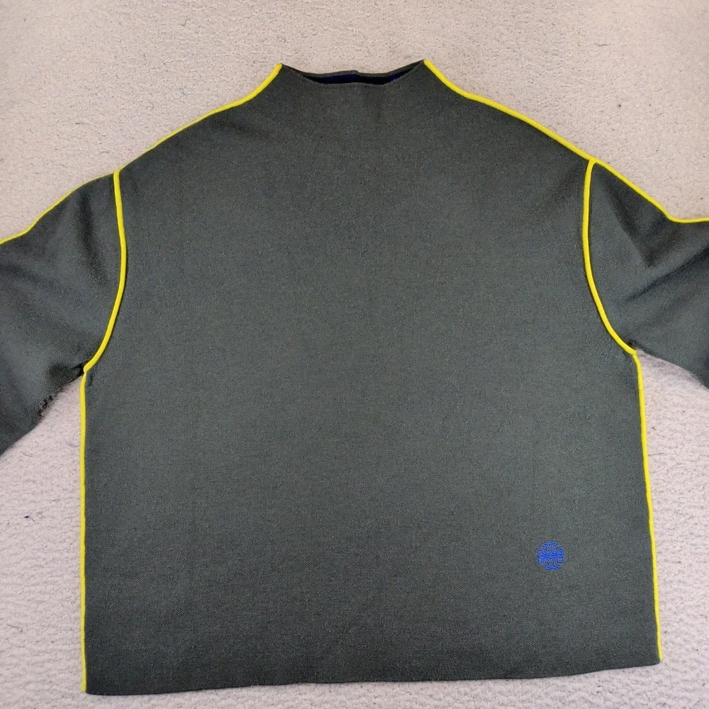 Tory Burch Double Faced Mock Neck Sweater Green Wool Blend Yellow Piping Small